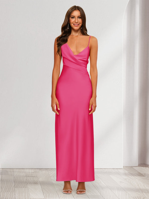 Sheath/Column V-Neck Ruched Ankle-Length Satin Evening Dresses