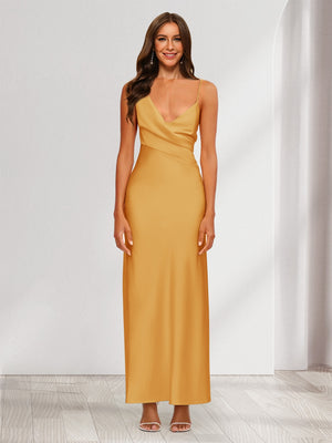 Sheath/Column V-Neck Ruched Ankle-Length Satin Evening Dresses