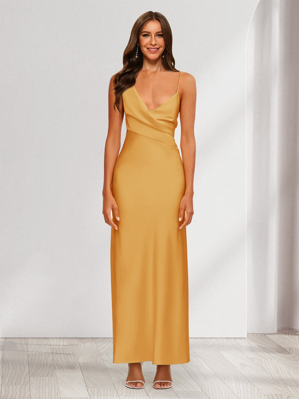 Sheath/Column V-Neck Ruched Ankle-Length Satin Evening Dresses