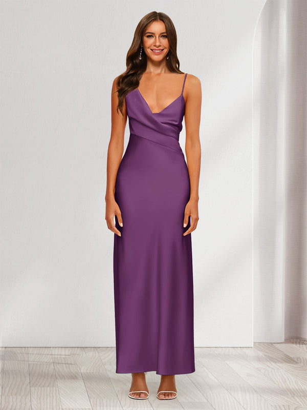 Sheath/Column V-Neck Ruched Ankle-Length Satin Evening Dresses