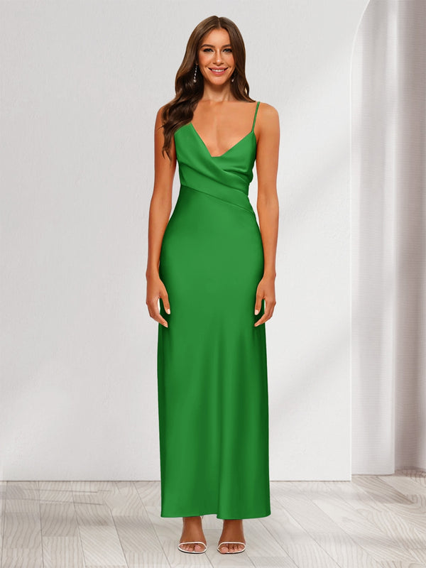 Sheath/Column V-Neck Ruched Ankle-Length Satin Evening Dresses