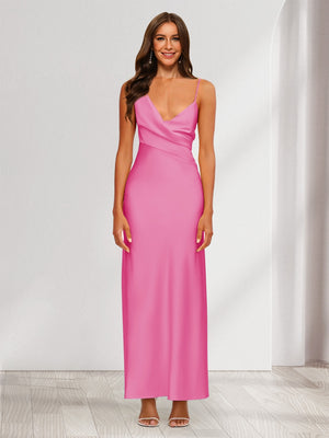 Sheath/Column V-Neck Ruched Ankle-Length Satin Evening Dresses