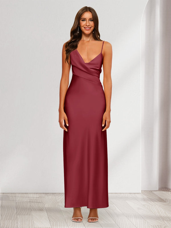 Sheath/Column V-Neck Ruched Ankle-Length Satin Evening Dresses