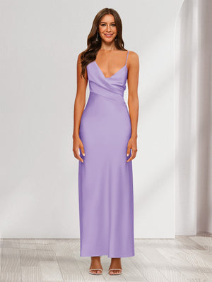 Sheath/Column V-Neck Ruched Ankle-Length Satin Evening Dresses