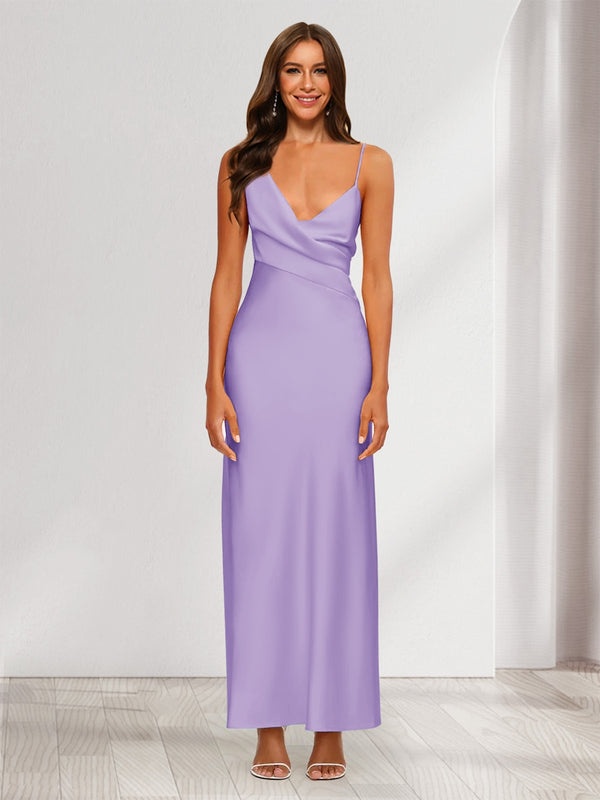 Sheath/Column V-Neck Ruched Ankle-Length Satin Evening Dresses