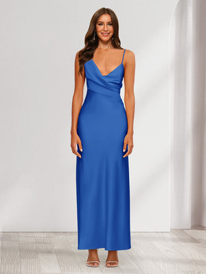 Sheath/Column V-Neck Ruched Ankle-Length Satin Evening Dresses