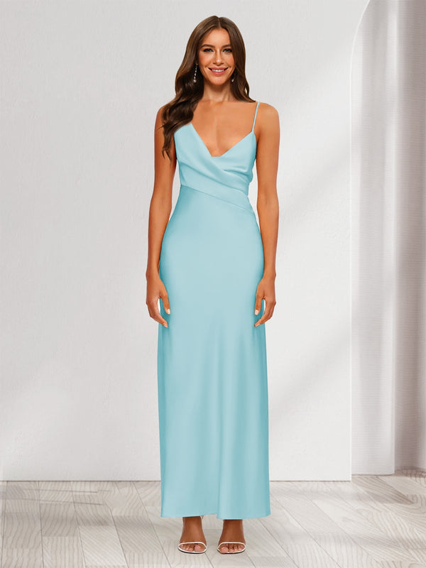 Sheath/Column V-Neck Ruched Ankle-Length Satin Evening Dresses