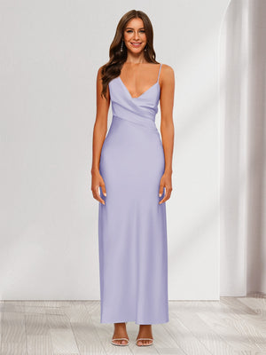 Sheath/Column V-Neck Ruched Ankle-Length Satin Evening Dresses