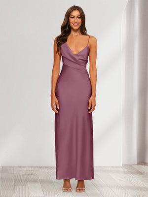 Sheath/Column V-Neck Ruched Ankle-Length Satin Evening Dresses