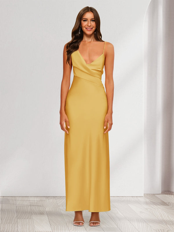 Sheath/Column V-Neck Ruched Ankle-Length Satin Evening Dresses
