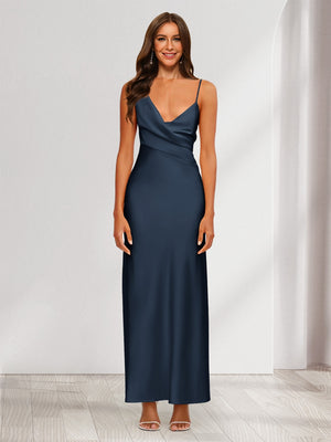 Sheath/Column V-Neck Ruched Ankle-Length Satin Evening Dresses