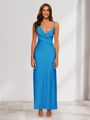 Sheath/Column V-Neck Ruched Ankle-Length Satin Evening Dresses