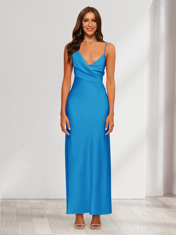 Sheath/Column V-Neck Ruched Ankle-Length Satin Evening Dresses