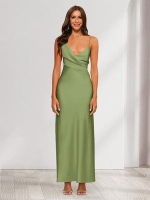 Sheath/Column V-Neck Ruched Ankle-Length Satin Evening Dresses
