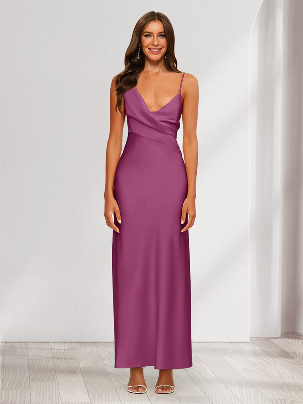 Sheath/Column V-Neck Ruched Ankle-Length Satin Evening Dresses