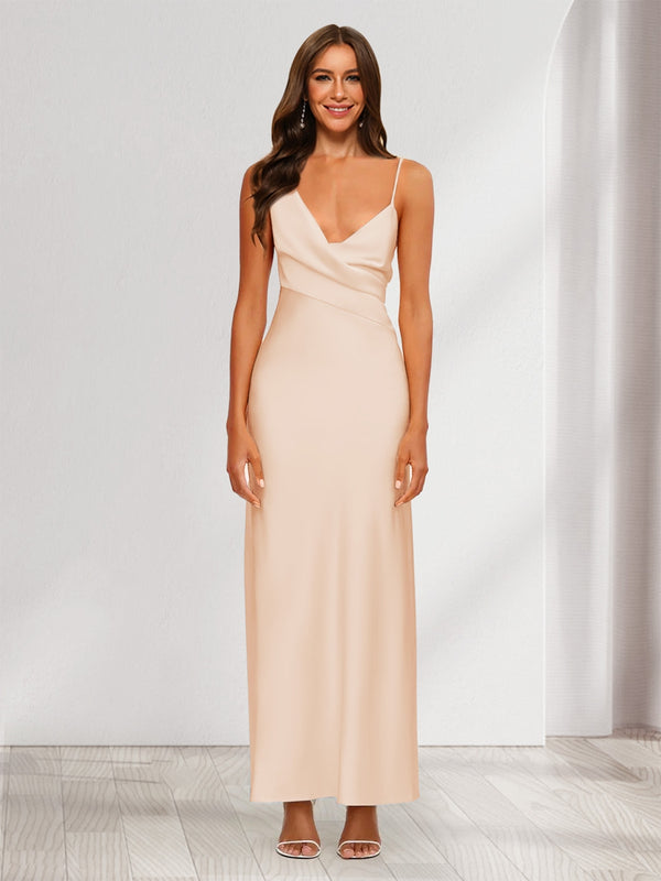 Sheath/Column V-Neck Ruched Ankle-Length Satin Evening Dresses