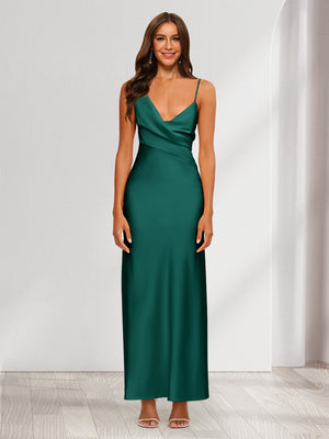 Sheath/Column V-Neck Ruched Ankle-Length Satin Evening Dresses