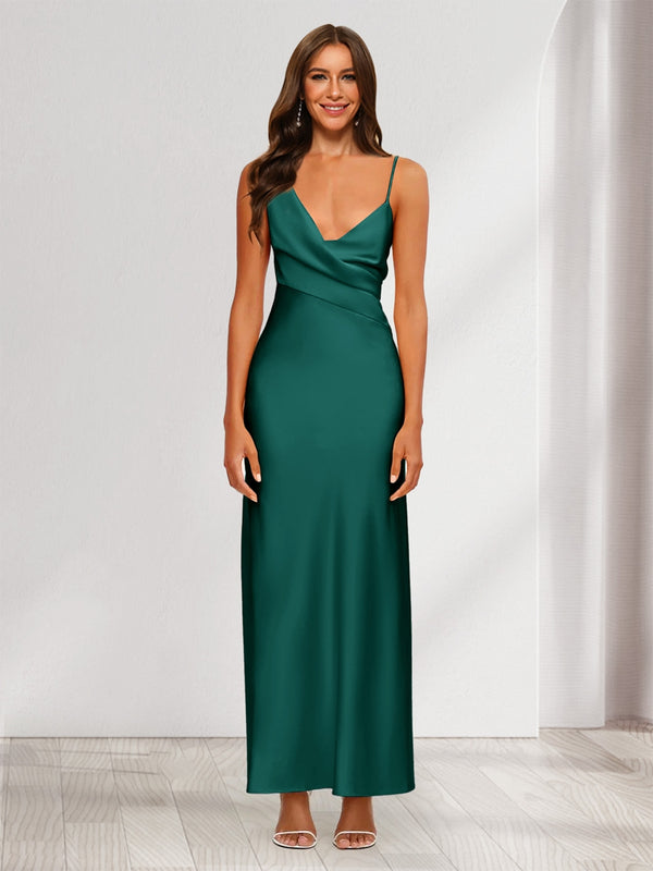 Sheath/Column V-Neck Ruched Ankle-Length Satin Evening Dresses