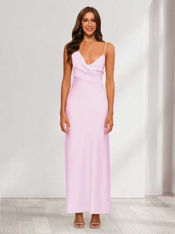 Sheath/Column V-Neck Ruched Ankle-Length Satin Evening Dresses