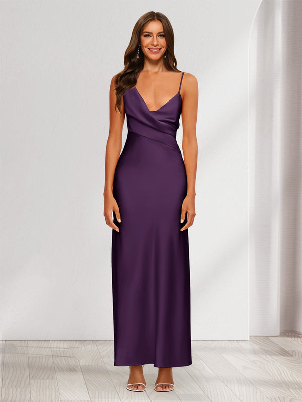 Sheath/Column V-Neck Ruched Ankle-Length Satin Evening Dresses
