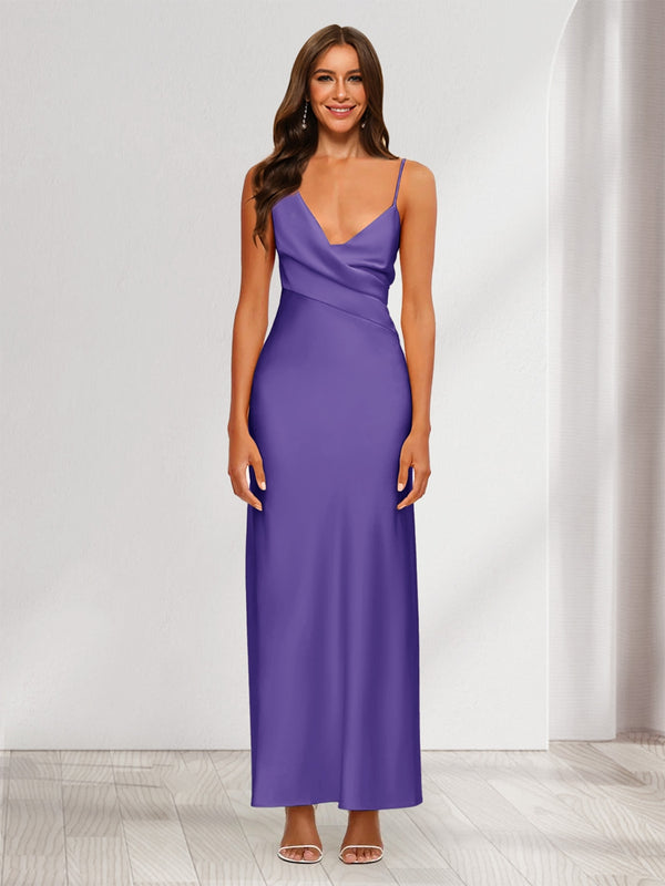 Sheath/Column V-Neck Ruched Ankle-Length Satin Evening Dresses