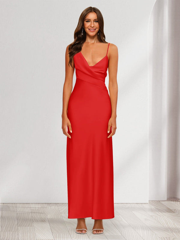 Sheath/Column V-Neck Ruched Ankle-Length Satin Evening Dresses