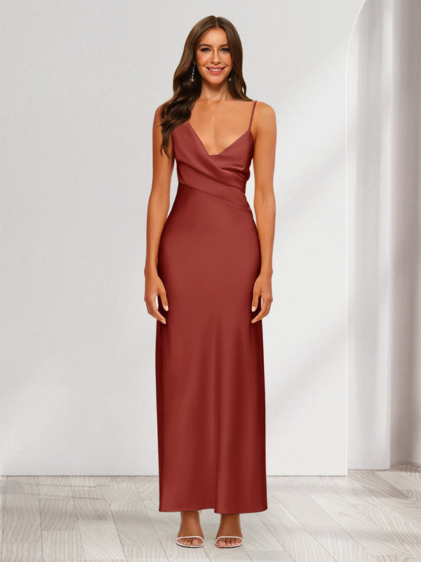 Sheath/Column V-Neck Ruched Ankle-Length Satin Evening Dresses