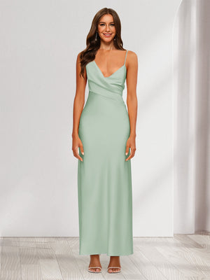 Sheath/Column V-Neck Ruched Ankle-Length Satin Evening Dresses