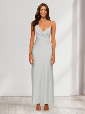 Sheath/Column V-Neck Ruched Ankle-Length Satin Evening Dresses