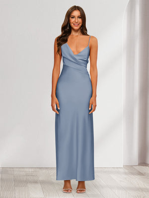 Sheath/Column V-Neck Ruched Ankle-Length Satin Evening Dresses