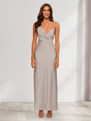 Sheath/Column V-Neck Ruched Ankle-Length Satin Evening Dresses
