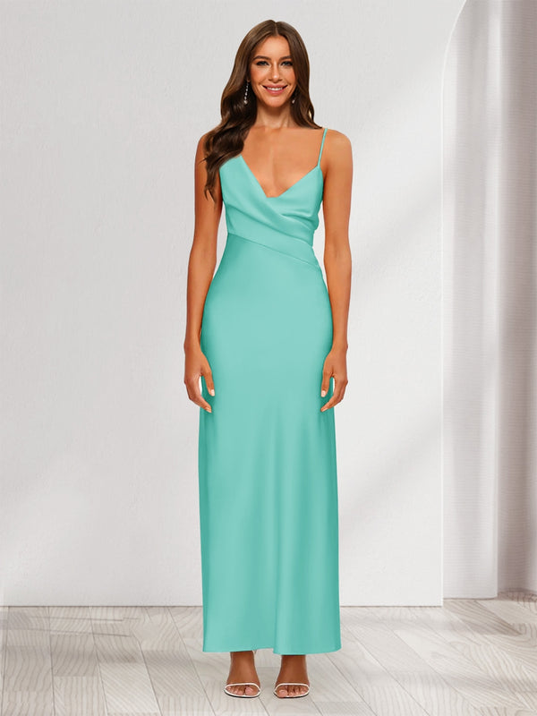 Sheath/Column V-Neck Ruched Ankle-Length Satin Evening Dresses
