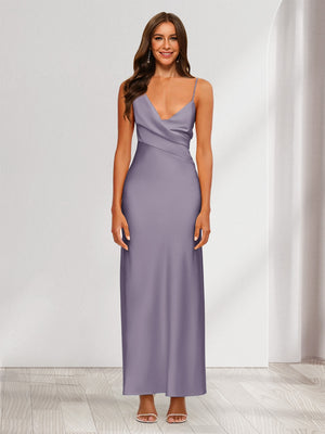 Sheath/Column V-Neck Ruched Ankle-Length Satin Evening Dresses