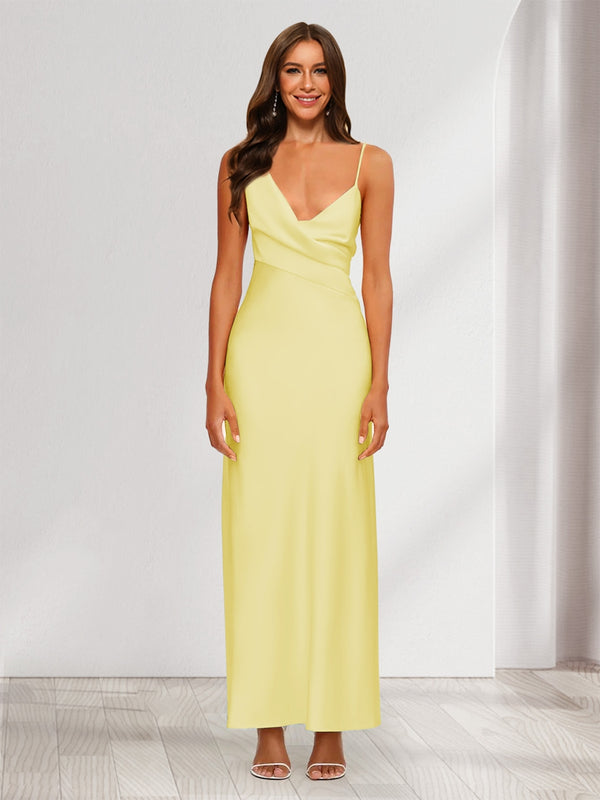 Sheath/Column V-Neck Ruched Ankle-Length Satin Evening Dresses