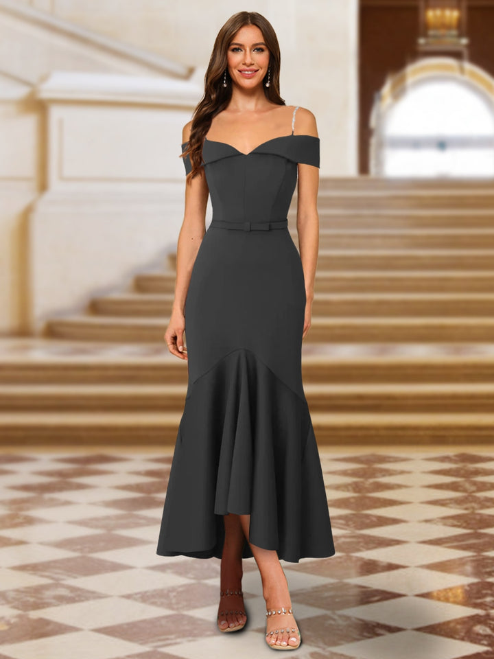 Trumpet/Mermaid Off-the-Shoulder Asymmetrical Evening Dresses with Sash &amp; Ruffles
