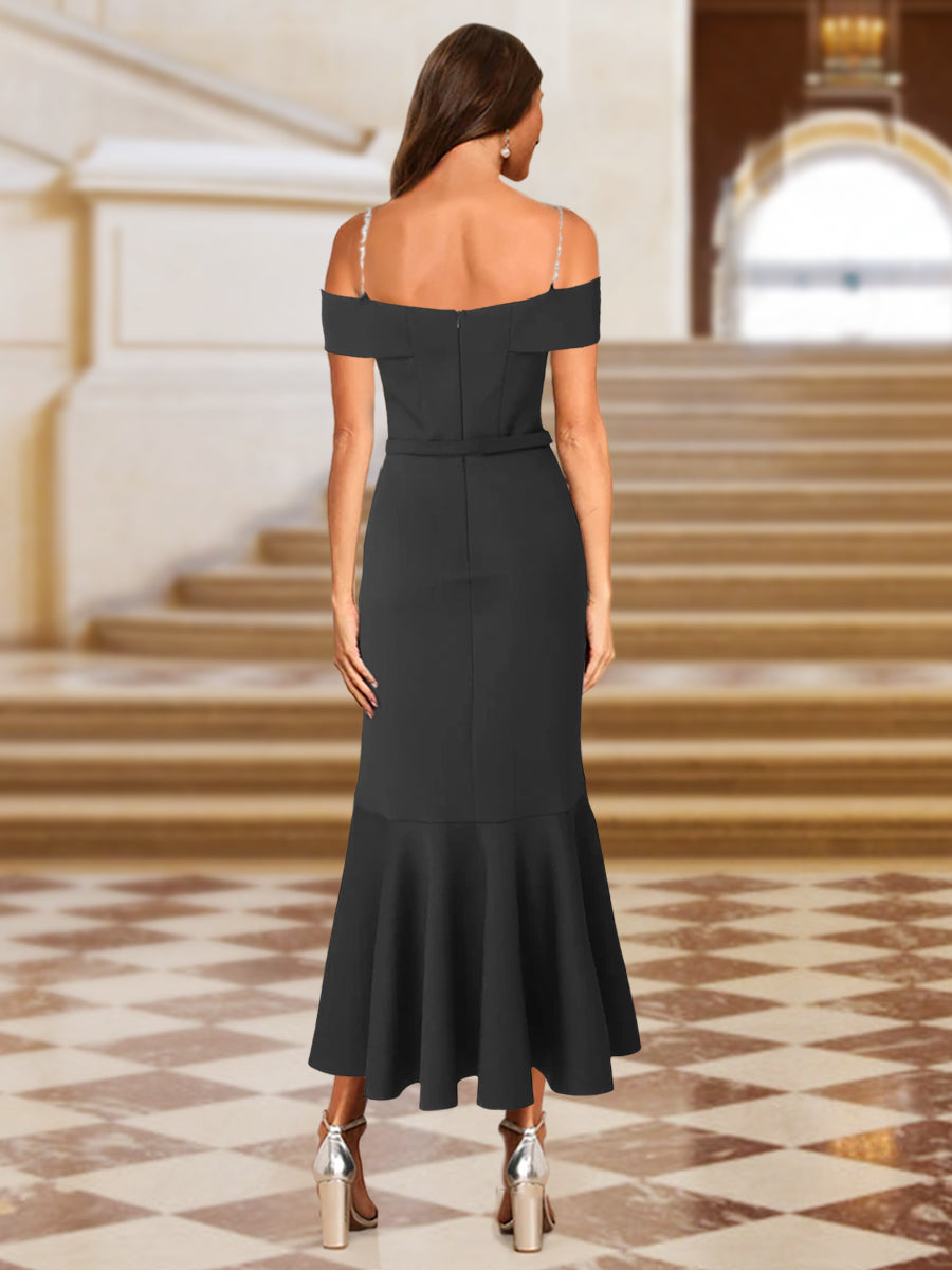 Trumpet/Mermaid Off-the-Shoulder Asymmetrical Evening Dresses with Sash &amp; Ruffles