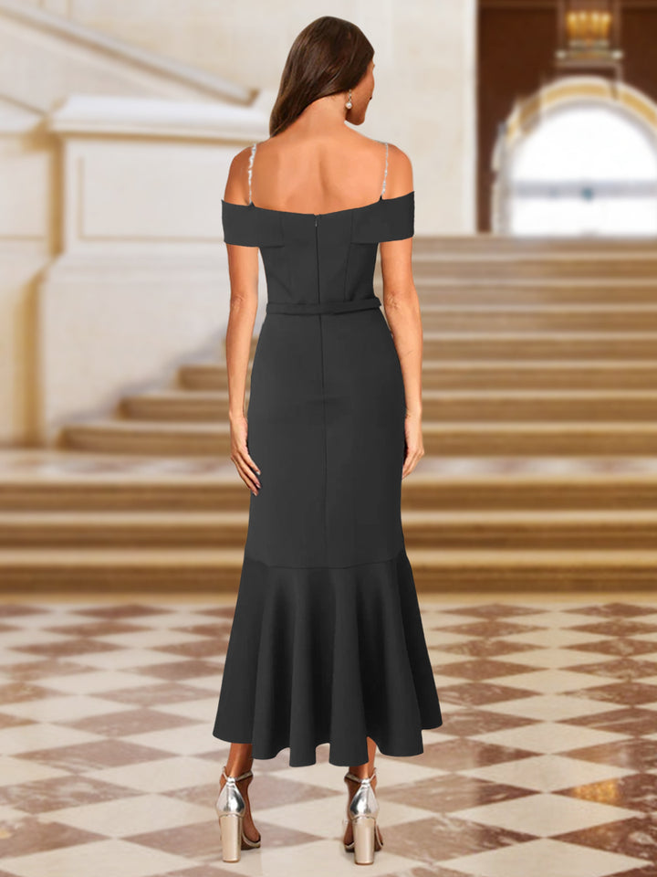 Trumpet/Mermaid Off-the-Shoulder Asymmetrical Evening Dresses with Sash &amp; Ruffles