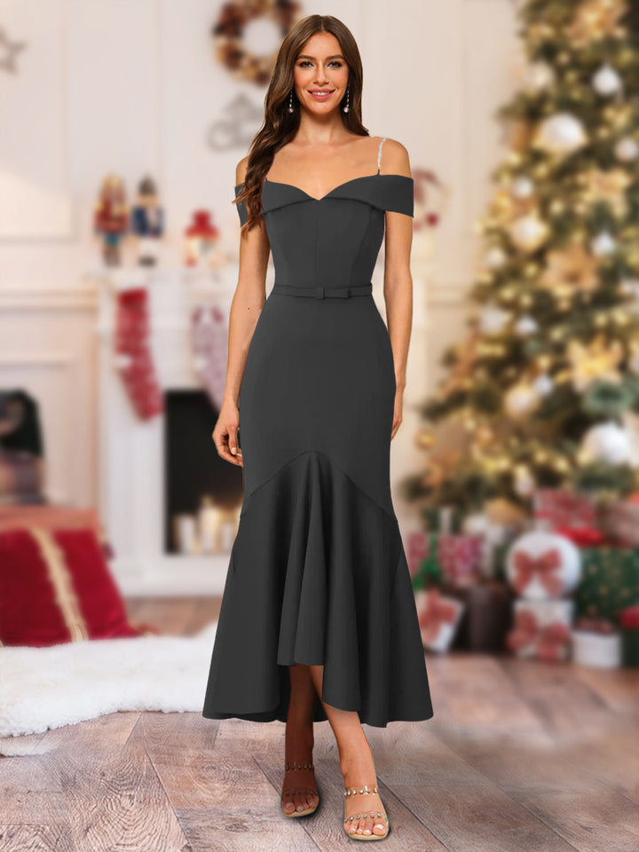 Trumpet/Mermaid Off-the-Shoulder Asymmetrical Christmas Dresses with Sash &amp; Ruffles