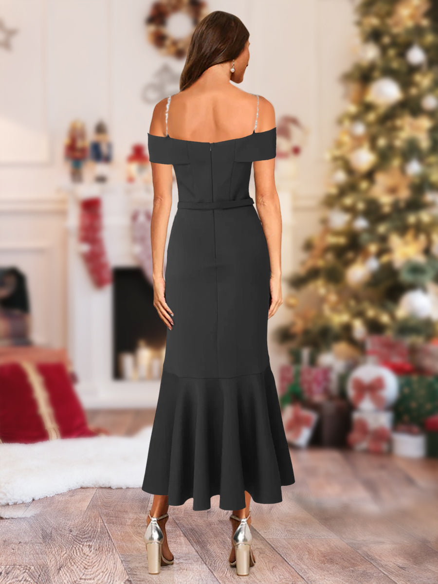 Trumpet/Mermaid Off-the-Shoulder Asymmetrical Christmas Dresses with Sash &amp; Ruffles