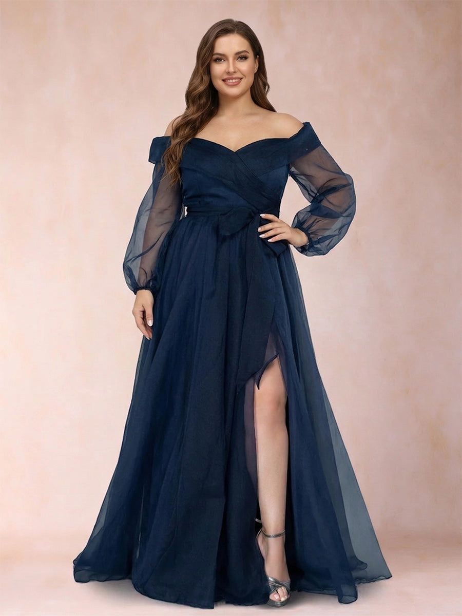 A-Line/Princess Off-the-Shoulder Long Sleeves Plus Size Mother of the Bride Dresses with Split Side