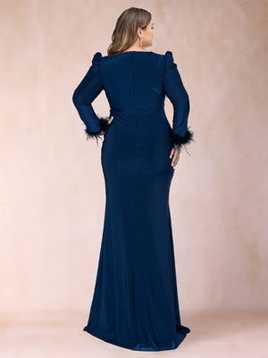 Sheath/Column V-Neck Long Sleeves Plus Size Evening Dresses with Split Side & Feather