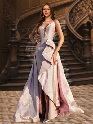 A-Line/Princess Deep V-Neck Sleeveless Ruffles Evening Dresses with Side Slit