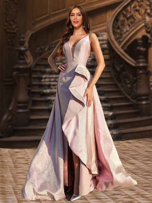 A-Line/Princess Deep V-Neck Sleeveless Ruffles Evening Dresses with Side Slit