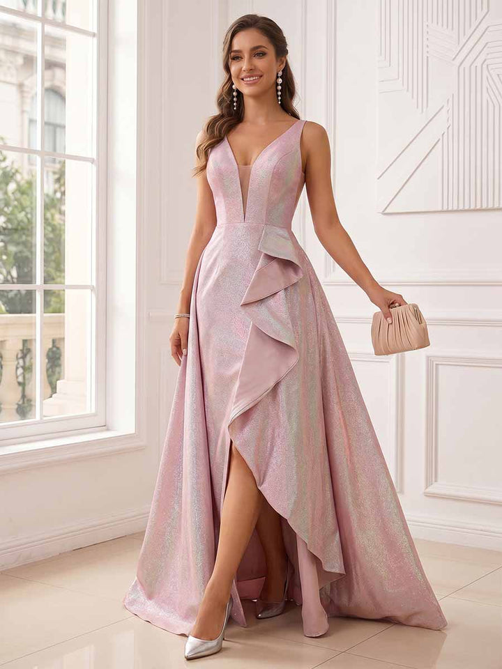 A-Line/Princess Deep V-Neck Sleeveless Ruffles Evening Dresses with Side Slit