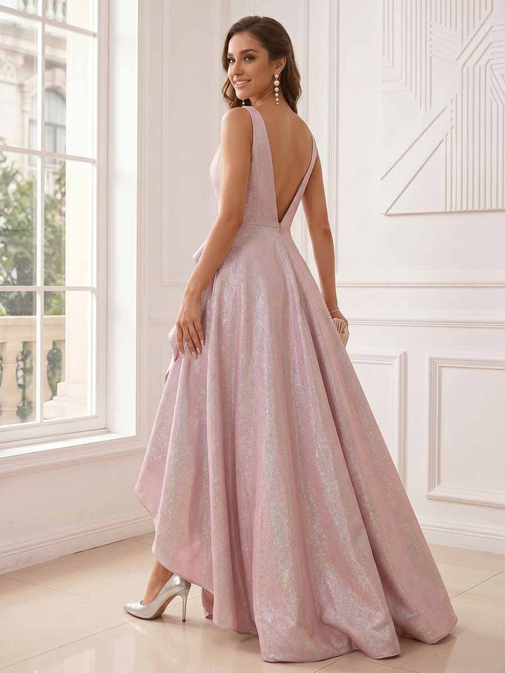 A-Line/Princess Deep V-Neck Sleeveless Ruffles Evening Dresses with Side Slit