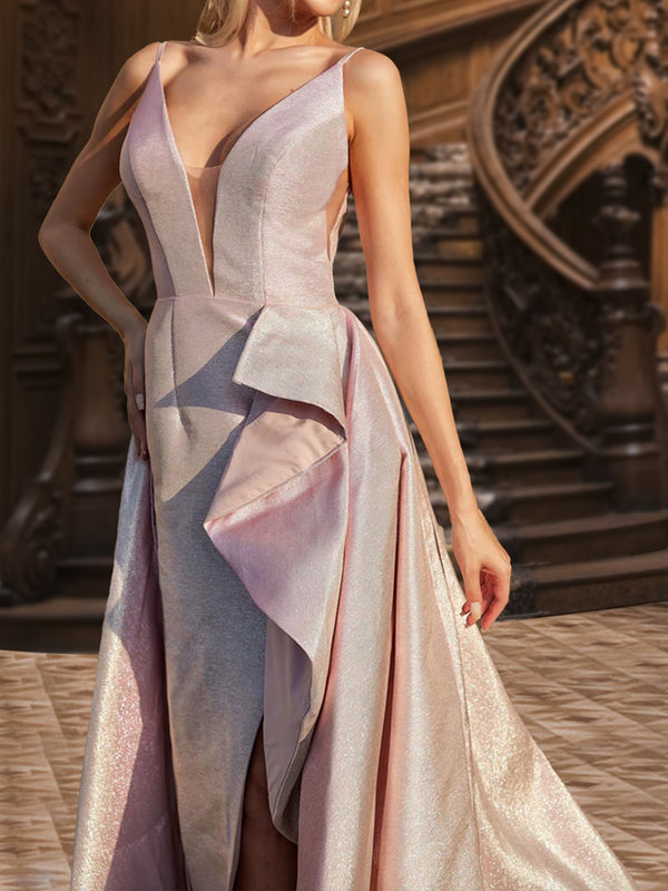 A-Line/Princess Deep V-Neck Sleeveless Ruffles Evening Dresses with Side Slit