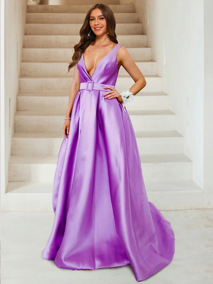 A-Line/Princess Deep V-Neck Ruched Evening Dresses with Belt &amp; Pockets
