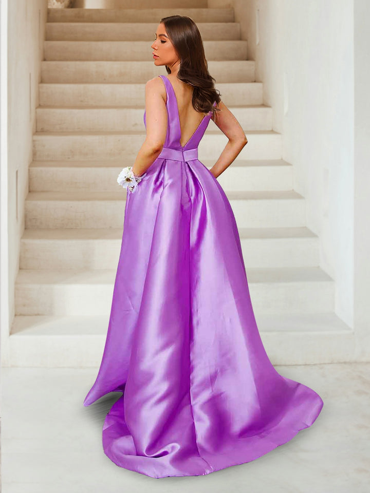 A-Line/Princess Deep V-Neck Ruched Evening Dresses with Belt &amp; Pockets