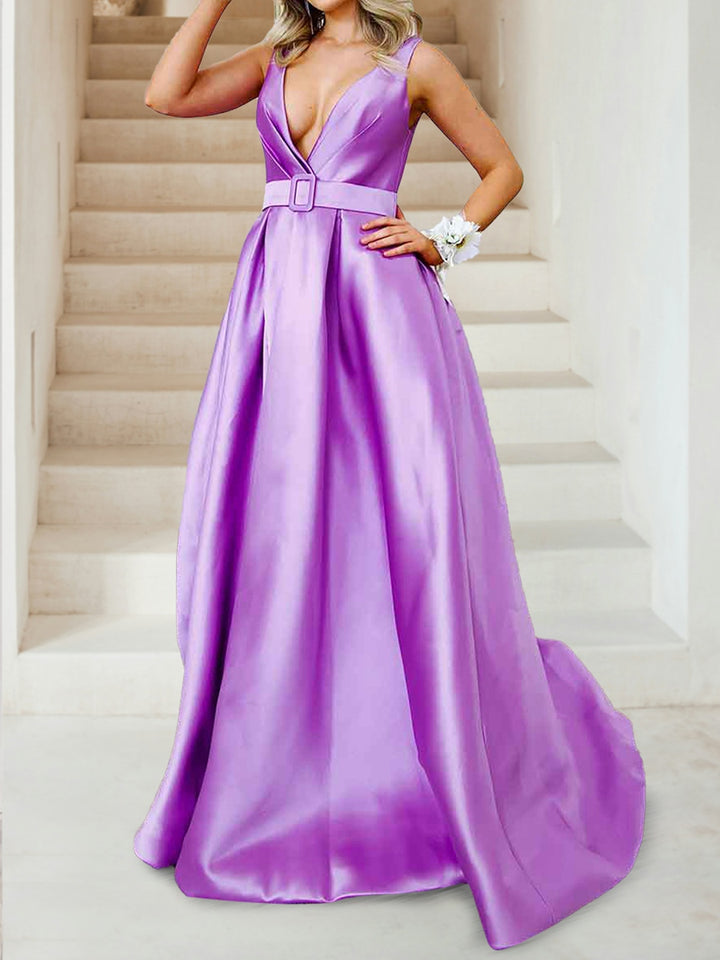 A-Line/Princess Deep V-Neck Ruched Evening Dresses with Belt &amp; Pockets