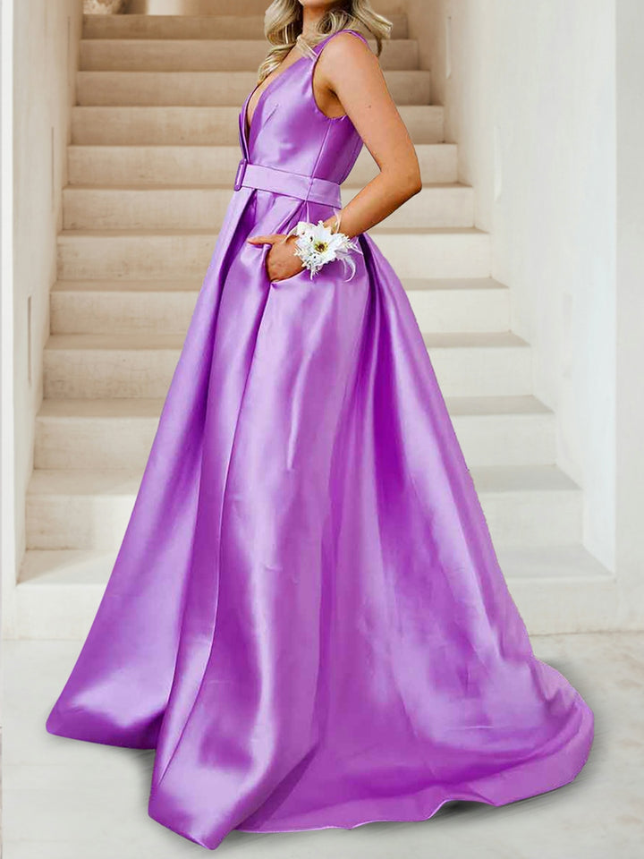 A-Line/Princess Deep V-Neck Ruched Evening Dresses with Belt &amp; Pockets